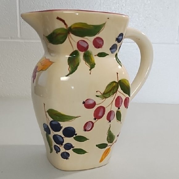 Vintage Ceramic Pitcher Floral Vase with Hand-Painted Berry-ies Floral Art - Picture 7 of 12